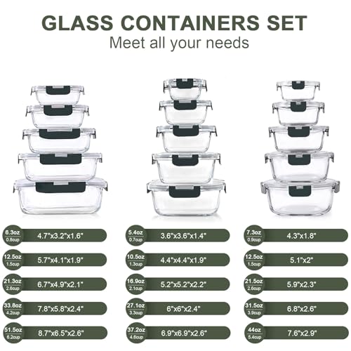 KOMUEE 30 Pieces Glass Food Storage Containers Set, Glass Meal Prep Containers Set with Snap Locking Lids, Airtight lunch Containers for Microwave, Oven, Freezer & Dishwasher,Gray - color: Gray