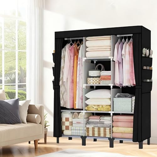 Portable Wardrobe, Clothes Organizer, Easy Hanger Wardrobe, Multiple Dividers and 3 Drawers, 6 Side Pockets Large Capacity (Black) - color: Black