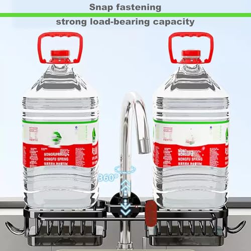Sink Organizer Rack for Kitchen and Bathroom,Stainless Steel Detachable Hanging Faucet Drain Rack with Drip Tray Faucet Sponge Holder for Bathroom (Black, L&R as One) - size: L&R as One