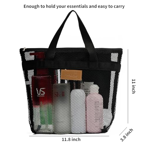TOPASION Mesh Shower Caddy Bag Portable Hanging Toiletry and Bath Organizer with Zipper for Travel, Gym, Camping, College Dorms, Beach - color: Black