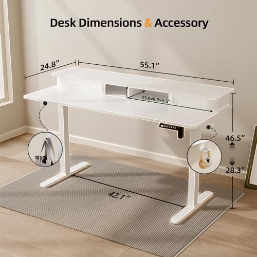 JOY worker Height Adjustable Electric Standing Desk with Storage Shelves, 55 Inch Desk with Built-in Monitor Stand, Sit Stand Workstation with 2 Hooks for Home Office, White - color: White, size: 55inch