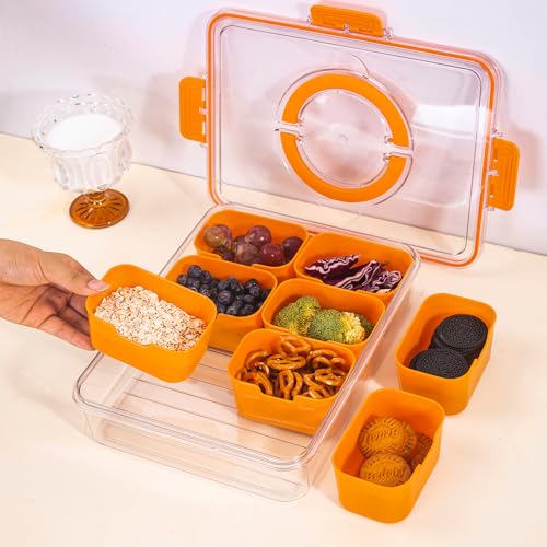 WACOI Divided Snack Serving Tray with Lid and Handle Travel Snackle Charcuterie Container Portable Storage Organizer for Candy, Fruits, Nuts, Snacks, Party, Picnic (1pack, Orange) - color: Orange