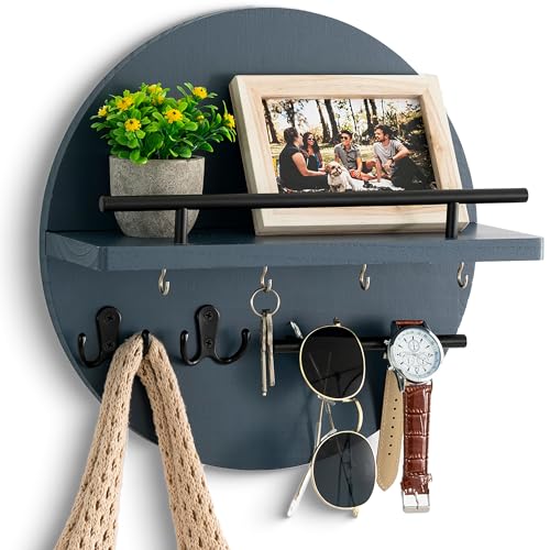 dreampossible Key Holder for Wall Decorative with Shelf and Hooks, Mail Organizer Wall Mount with Sunglasses Holder, Circular Design Entryway Key Rack Hanger, Rustic Home Decor - color: Navy Blue