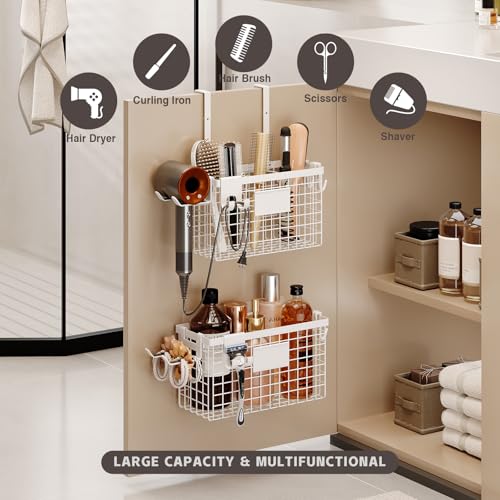 Magheo 2 Pack Hair Tool Organizer,Adhesive Hair Dryer Holder Cabinet Door/Wall Mounted Adjustable Height Blow Dryer Holder Under Sink Bathroom Hair Appliance Organizer and Storage Countertop(White) - color: White, size: Cabinet Door - 2 Pack (1 Tier)