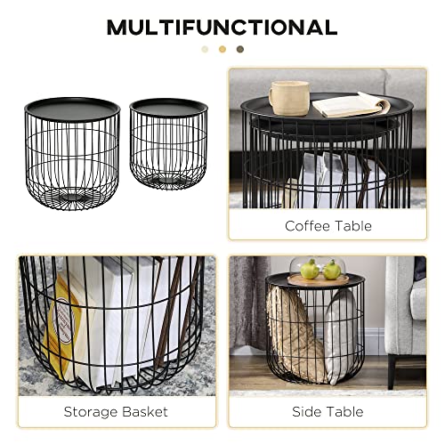 HOMCOM Nesting Coffee Tables, Round Coffee Table Set of 2 with Steel Wired Basket Body and Removable Top, Stacking End Tables Blanket Storage for Living Room, Black