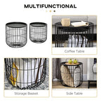 HOMCOM Nesting Coffee Tables, Round Coffee Table Set of 2 with Steel Wired Basket Body and Removable Top, Stacking End Tables Blanket Storage for Living Room, Black