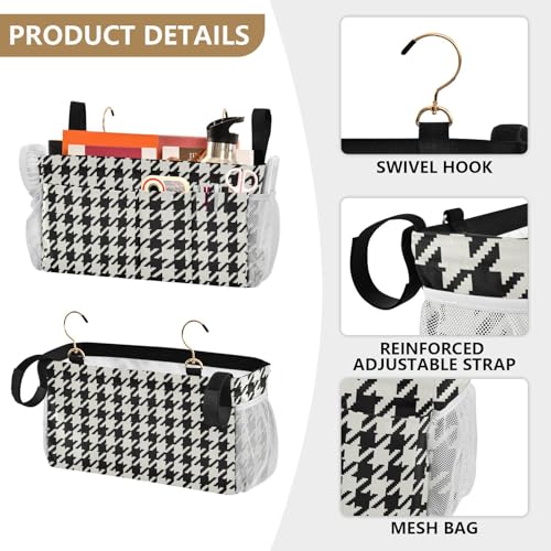 Classic Houndstooth Print Bedside Caddy Storage Bag Bedside Organizer for Bunk Bed Headboards College Organizer Caddy Hanging Shelf 6 Pockets with Hooks for Drinks Magazine Phone Holder - color: Classic Houndstooth