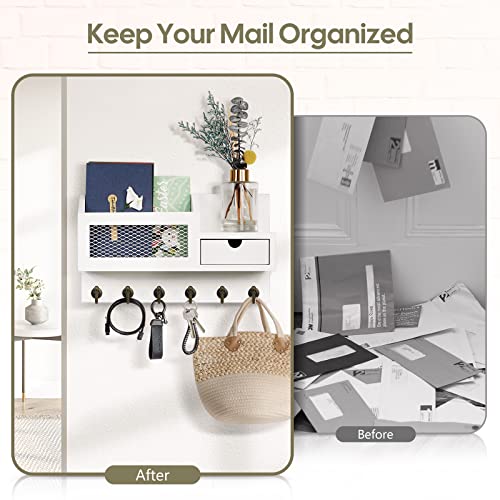 FifthQuarter Key and Mail Holder for Wall, Mail Organizer Wall Mount with 6 Hooks and Storage Drawer, Easy Installation Key Rack for Entryway and Home Decor (B-White) - color: B-White