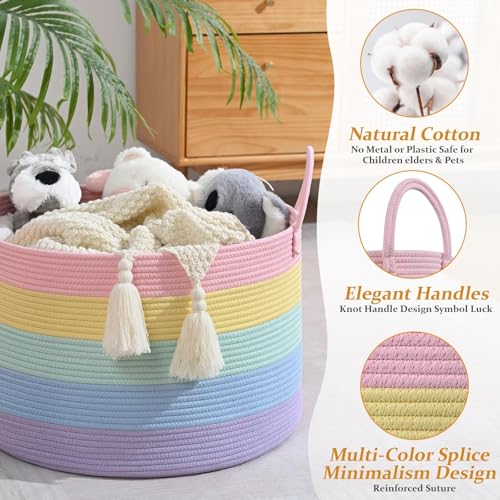Rainbow Toy Basket, 20"x13" Extra Large Kids Toy Storage for Playroom Classroom Nursery, Woven Rope Blanket Basket with Handles, Stuffed Animal Organizer & Dog Toys Basket - color: Light Rainbow - Wide