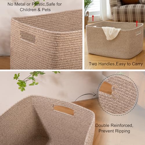 OIAHOMY 75L Large Woven Cotton Rope Storage Basket with Handle for Organizing Blanket and Toys for Living Room, Nursery, Brown Variegated 22”x17”x12” - color: Brown variegated, size: 22”x17”x12”