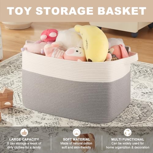 Extra Large Laundry Basket, 95L Blanket Basket for Living Room, Cotton Rope Toy Storage for Kids, Woven Baskets for Clothes, Towels, Pillows, 24" x 17" x 14", Grey and White - color: Grey & White, size: 24"x16.9"x14.2"