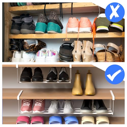 CroBlissful 2 Pcs Expandable Shoe Rack Organizer for Closet 16.5-31.5 Inch Adjustable Retractable Hanging Cabinet Shoe Shelf Dorm Room Storage for Space Saving (White) - color: White