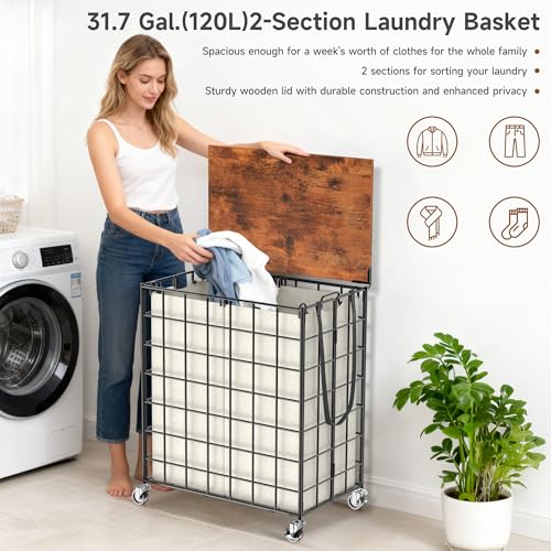 Laundry Basket with Wheels, Heavy Duty Laundry Sorter 2 Sections, 120L (32Gal.) Large Capacity Laundry Hamper with Wood Lid, 360 Rolling Wheels, Extra Side Pocket, Leather Pull Handle, Beige - color: Beige, size: 120L