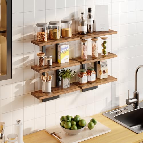 HOOBRO Floating Shelves, Set of 2 Wall Shelves, 3-Tier Wall Mounted Storage Shelves, Hanging Bathroom Shelves, for Living Room, Bedroom, Bathroom, Kitchen, Rustic Brown and Black BF31BJP201