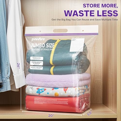 10 Gallon Heavy Duty Large Storage Bags with Handle, Big Zip Seal Top Bags, 6 Mil Extra Thick Clear Big Plastic Resealable Zip Poly Bags for Home Moving, Travel, Camping, 20" x 26", Pack 5 - size: 20x26 6mil Pack5
