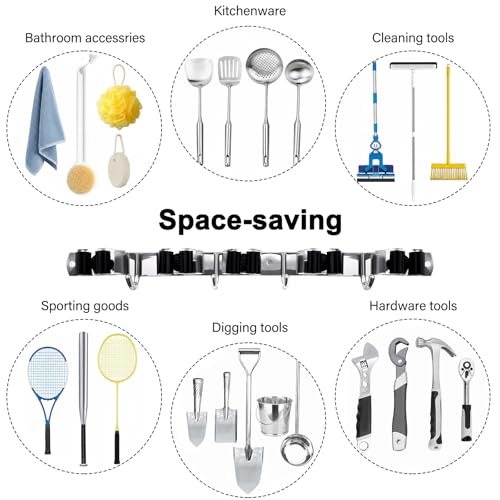 5 Racks and 4 Hooks Mop and Broom Holder Wall Mount, SUS304 Heavy Duty Broom Organizer Storage Tool Racks, Self Adhesive Solid Non-slip Tool Hangers for Home Kitchen Garden Laundry Garage - color: 5 Racks & 4 Hooks (Silver) - 1 Pack