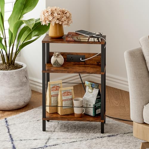 DGSANDGO Narrow Side Table (Rustic Brown) - Nightstand with Charging Station (2 USB + 1 AC Outlet) & Drawer, Mute Wheels for Balcony/Kid’s Room/Bedroom - color: Rustic Brown, size: Drawer Wide-24.4"H 1 PC