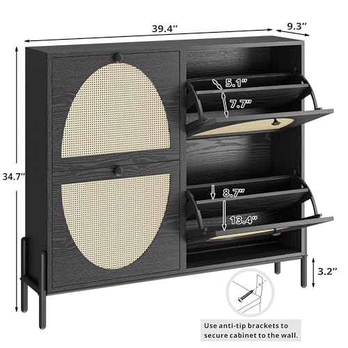 IRONCK Rattan Shoe Cabinet Storage with 4 Flip Drawers, Freestanding Shoe Storage Organizer Cabinet for Entryway, Narrow Shoe Rack Cabinet, Matte Black - color: Matte Black