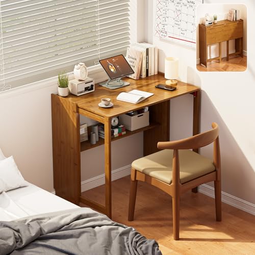 Bamboo Foldable Desk, Folding Desks for Small Spaces, Mid Century Small Computer Desk with Bookshelf for Bedroom Home Office, Brown - color: Brown, size: 21.3"D x 32.7"W x 29.5"H
