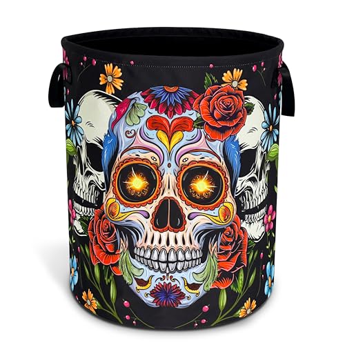 Sugar Skull Laundry Basket Skeleton Print Oxford Cloth Laundry Hamper With Handle Foldable Portable Clothes Storage Basket 18.9 X 16.5 In Storage Bag For Laundry Room/Bathroom/Bedroom/Dormitories - color: Sugar Skull