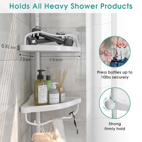 Corner Shower Caddy:125" Adjustable Inside Tension Shower Organizer Tension Pole,Rustproof Bathroom Organizer Shelves for Bathtub Shampoo Conditioner Storage,Floor to Ceiling Standing Showering Rack - color: White
