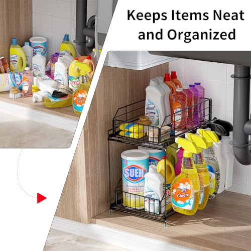 SUEH DESIGN Under Sink Organizer, 2 Tier Bathroom Cabinet Organizer Metal Kitchen Sink Organzier with Hanging Rail for Kitchen Bathroom Organization and Storage, 1 Pack - size: 10.3"W x 15.6"H Wider 1 Pack