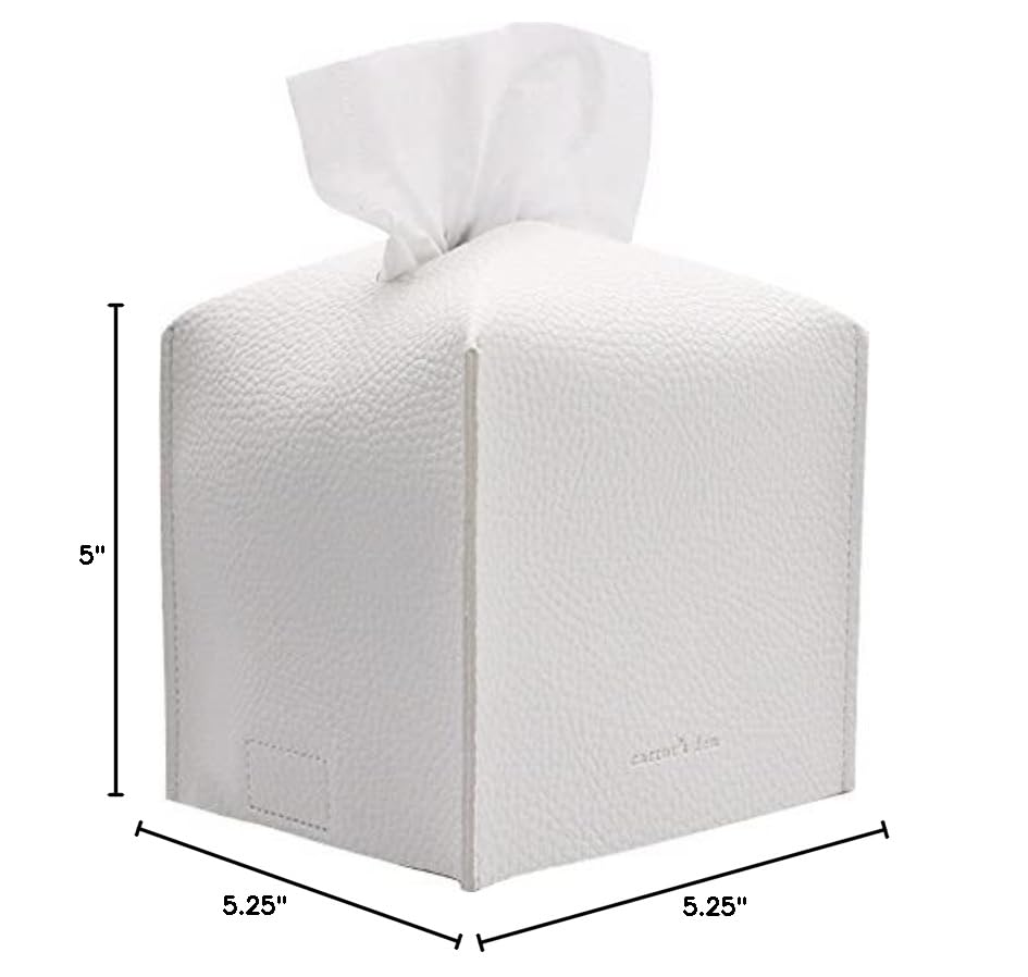 Tissue Box Cover Holder, Square with Bottom Belt by Carrot's Den - PU Leather Decorative Organizer for Tabletop, Bathroom, Car, Office | Pure White - color: Pure White