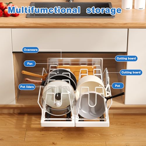 Mustorn 2 Pack Pots and Pans Organizer Under Cabinet, 21.6" Deep Pull Out Pot Lid Organizer Holder with Guardrail Adhesive Pot and Pan Holder Rack with 10 Adjustable Dividers(White) - color: White, size: 2 Pack