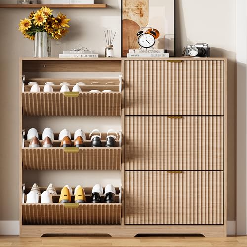 HUANLEGO Shoe Cabinet Storage for Entryway with 6 Flip Drawers, Oak Fluted Shoe Cabinet with Adjustable Shelves, Wooden Hidden Shoe Rack Freestanding Narrow Slim Shoes Storage for Hallway, Entrance - color: Oak, size: 6 Drawer
