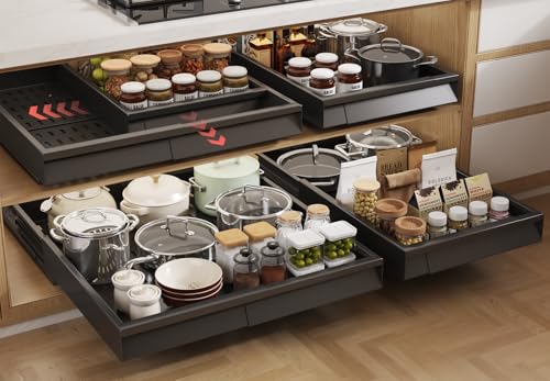 Seinloes 4 Pack Pull Out Cabinet Organizer With Raising Pad for Framed Cabinets,Expandable Width (13"-21") and Depth (17"-24"),3 Slide Rails Slide Out Drawers with Handle,No-Drill Roll Out Shelf,Black - color: Black, size: 13"-21"W x 17"-24"D(4Pack)