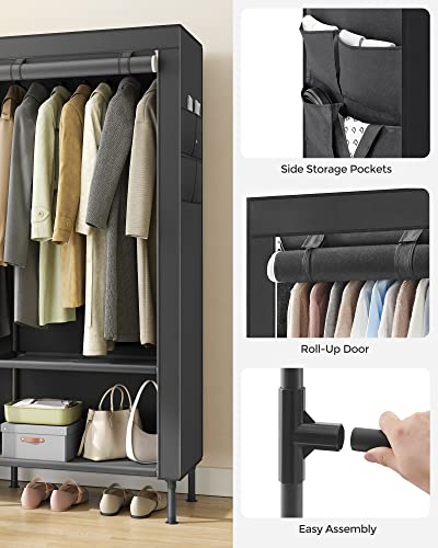 SONGMICS Wardrobe Closet, 65 Inch Heavy Duty Portable Closet, Freestanding Closet Organizer, Clothes Rack with Cover, 2 Hanging Rails, 3 Shelves,4 Side Pockets,Black URDR301B02