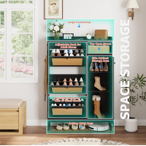 GarveeHome Shoe Cabinet Rattan with 3 Flip Drawers and 4-Tier Shoe Storage Cabinet, Freestanding Shoe Organizer with Adjustable Shelves for Entryway, Closet, Hallway (Black) - color: Black, size: 3-Drawers + 1-Door