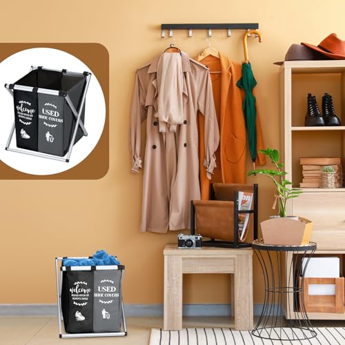Wonderjune Foldable Disposable Shoe Cover Box Dispenser Fabric Storage Bin Holder with Used Shoe Covers and Welcome Please or Remove Sign for Open House Supplies(Black, Gray) - color: Black, Gray