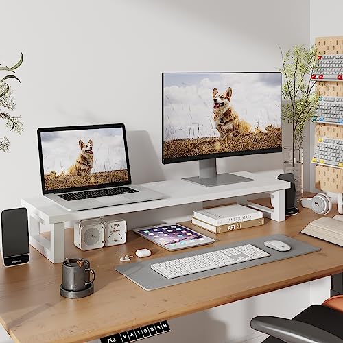 WESTREE Dual Monitor Stand Riser, Wood and Steel Monitor Stand Riser, Computer Monitor Stand for 2 Monitors, Multi-Purpose Desktop Storage Stand for Computer,Laptop,Printer,TV - color: White