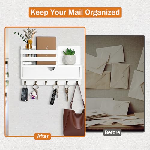 dreampossible Key and Mail Holder for Wall, Mail Organizer Wall Mount with 6 Hooks and Storage Drawer, Wooden Key Rack Hanger with Shelf for Entryway and Home Decor - color: White, size: Standard(11.6''x7.9'')