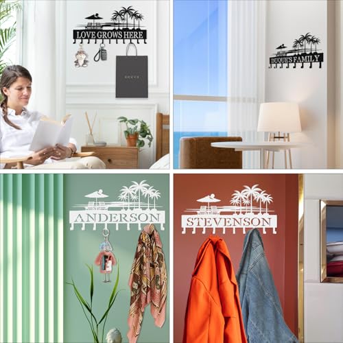 Personalized Metal Key Holder Wall Mount, Black Custom Key Holder for Wall, Wall Key Rack with 6–12 Hooks for Keys, Modern Home Entryway Organizer - color: Palm Tree & Beach