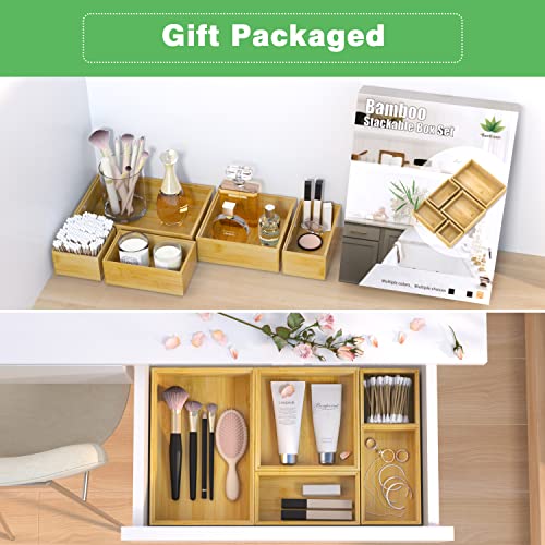 Bamboo Bathroom Drawer Organizer Dividers, Wooden Kitchen Utensil Holder Set of 5, Stackable Junk Drawer Organizer Tray, Multi-Use Storage Bins Boxs for Home, Office, Clothing, Makeup, Jewelry - color: Bamboo