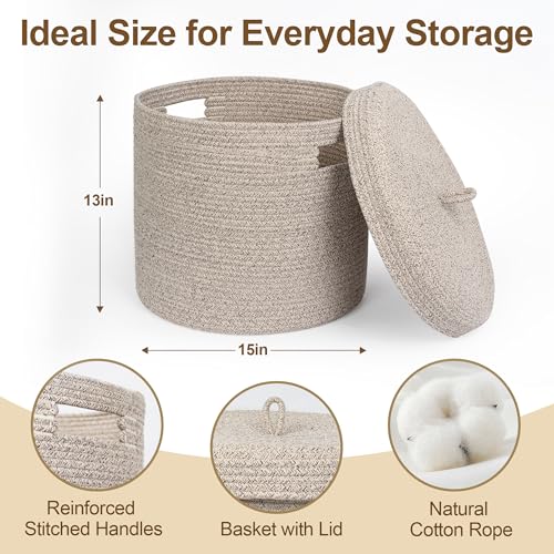 Storage Basket with Lid, Woven Blanket Storage for Living Room, Soft Cotton Rope Bin with Lid, Round Wicker Laundry Basket with Cover, Lidded Kids Dog Toy Bin, Nursery Organizer, 15" x 13" - color: Brown
