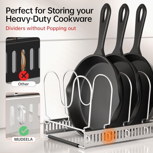 MUDEELA Pot Rack - Expandable Pots and Pans Organizer under Cabinet, Pot Lid Organizer Holder with 12 Adjustable Compartment, Kitchen Cabinet Organizer and Storage for Cutting Board, Skillets Pan - style: 12 Dividers-Silver