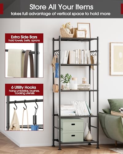 Sakugi Storage Shelves - 5-Tier Large Capacity Shelf Organizer with Hooks, Heavy-Duty Garage Shelving with Leveling Feet, Wobble-Free Rack for Bedroom, Balcony, Garage, 18.1"×12.4"×56.8", Black - color: Black, size: 18.1W×12.4D×56.8H(5T)