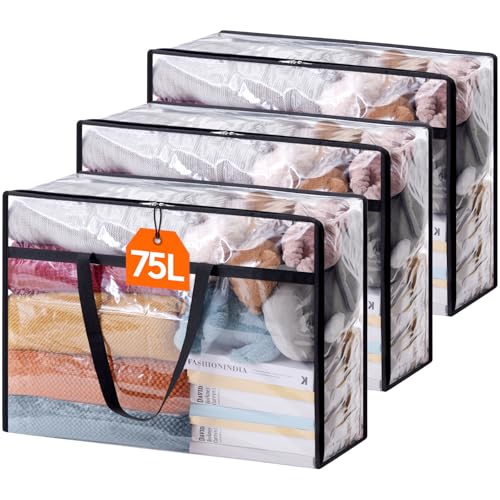 Lifewit 3 Pack Clear Clothes Storage Bags, 75L Plastic Blanket Storage Bag, Vinyl Foldable Moving Bags with Zipper, Closet Organizers and Storage Containers for Bedding, Duvet, Comforter - size: 75L