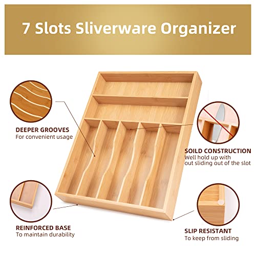 Besilord Silverware Organizer Kitchen Drawer Organizer Utensil Organizer Bamboo Silverware Holder Cutlery Organizer in Drawer Flatware Organizer Tray(7 slots, Natural - color: Natural, size: 7 Slots