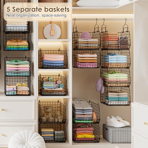 Capacity Upgrade Edition Deeper 4'' 5 Tier Foldable Hanging Closet Organizer and Storage，Wire Cabinet Shelves and Rack with 5 S Hooks,Stackable Metal Basket Bins for Clothes Shoe Purse,Black - color: Black, size: 5-Tier