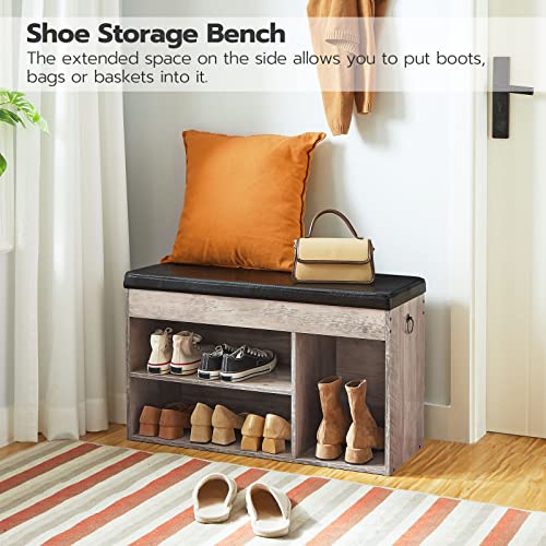 HOOBRO Shoe Storage Bench with Cushion, 32.3'' Entryway Bench with Lift Top Hidden Storage and Adjustable Shelves, Wooden Shoe Rack Bench for Entryway Bedroom, Rustic Brown and Black BG40HX01 - color: Greige + Black
