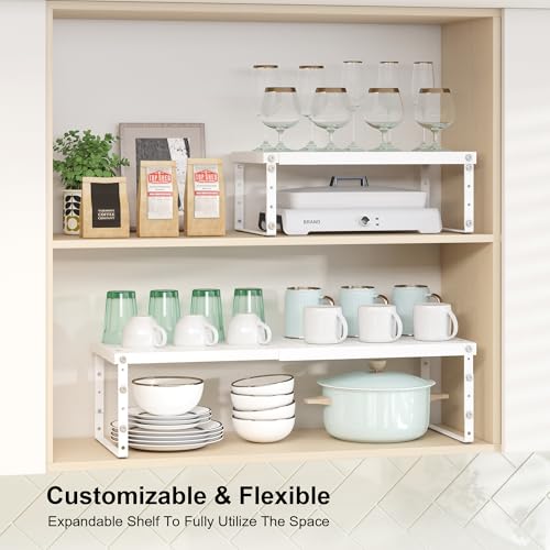RUILALIFE Expandable Cabinet Organizer Shelf With Adjustable Height, Stackable Kitchen Countertop Organizer Rack, Adjustable Shelf Riser For Kitchen Counter, Pantry, Cupboard, Desk, Tabletop - color: White-2 Pack