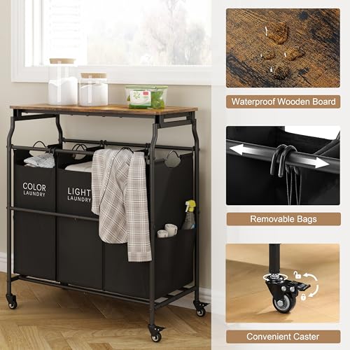 Hoctieon 3 Section Laundry Sorter Cart with Ironing Board, Laundry Hamper with Shelf and Rolling Wheels, Heavy Duty Laundry Basket Organizer, Large Clothes Separator Hamper with Removable Bags, Black - color: Black