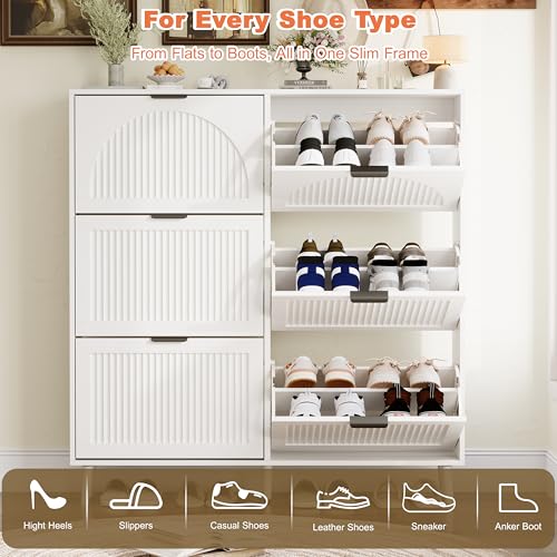 Shoe Storage Cabinet with 6 Flip Drawers, Narrow Wood Shoe Organizer Cabinet with Fluted Panel, Slim Shoe Rack for Entryway, Freestanding Shoe Cabinet for Living Room, Hallway, White - color: White, size: 6-Drawers