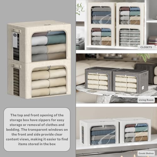 4 Pack Clothes Storage Bins with Metal Frame - 100L Stackable Storage Box with Lid，Foldable Storage Container Organizer for Clothes，Linen Fabric Storage Box with Clear Window＆Zippers＆Handles - color: Beige, size: 100L