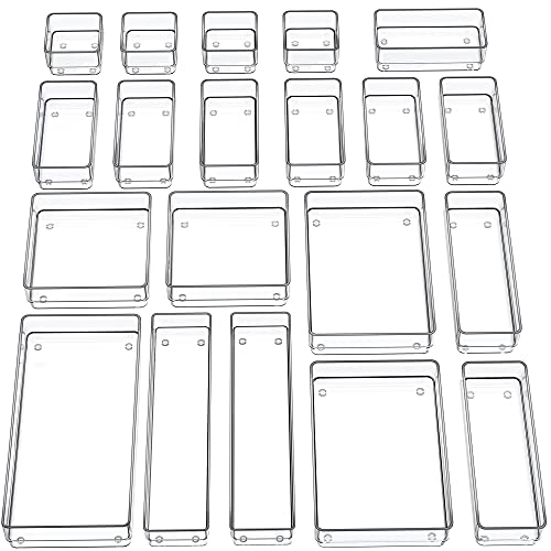 SMARTAKE 20-Piece Drawer Organizer with Non-Slip Silicone Pads, 7-Size Desk Drawer Organizer Trays Storage Tray for Makeup, Jewelries, Utensils in Bedroom Dresser, Office and Kitchen (Clear) - size: 20 PCS