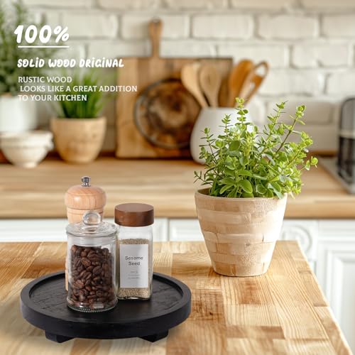 Round Decorative Tray Wood Bathroom Counter Organizer Farmhouse Kitchen Decor Wooden Riser for Soap Dish, Perfume, Candle, Sponge, 8" - Black - color: Black, size: 8"